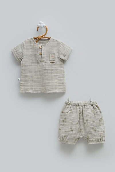 Caramell Free Boy Half-Pat Buttoned Muslin Top and Bottom Set Green