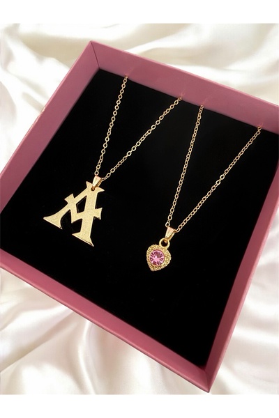Madam Bikan Gold Renk Çelik A Harfi Pembe Kalp 2 Li Kombin Harf Kolye