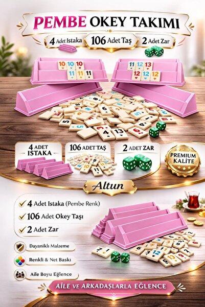 Altun Özel Üretim Pembe Renk Melamin Taşlı Büyük Boy Plastik Okey Takımı (Mel...