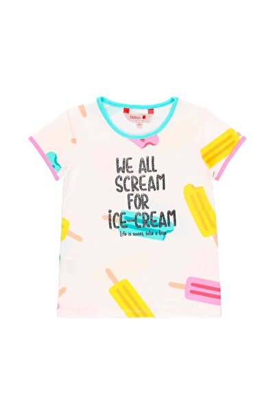Boboli تي شيرت بناتي بأكمام قصيرة منقوش بالآيس كريم باللون الأبيض