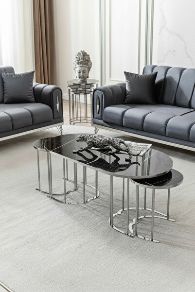 usta mekan Lotus Gümüş Sonata Lak Panel 2+1 Orta Sehpa + Zigon Sehpa Seti