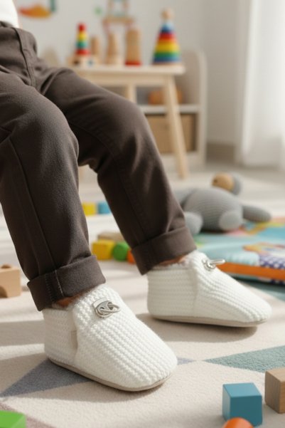 Tiny Feet Corduroy Ecru Knitwear, Plush Lined, Non-Slip Sole, Elastic Baby Booties, Home Boots, Slippers