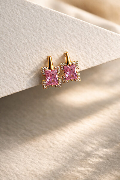 Owentis Çelik Rose Gold Pembe Kristal Taşlı Prenses Kesim Naxos Küpe -kararma...