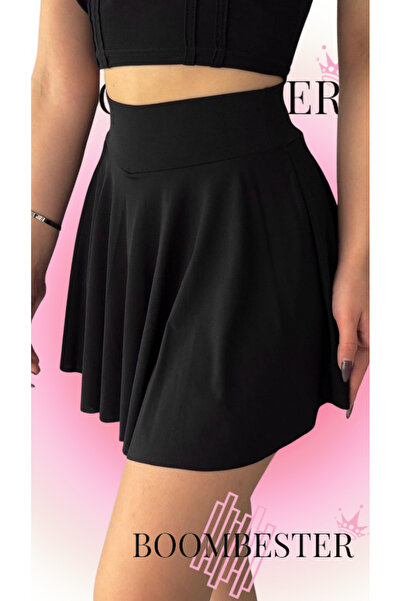 BoomBester Țesătură neagră nisipoasă - Pantaloni scurți cu fustă plisată pent...