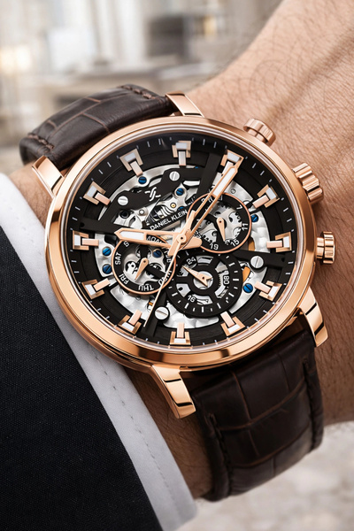 Daniel Klein Leather Cord Steel Case Automatic Mechanism Men Wrist Watch Coff...