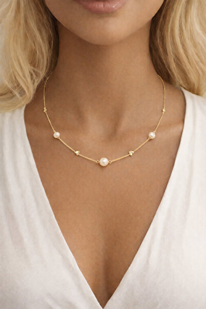 Giz Gümüş 925 Ayar Gümüş Altın Kaplama Mayorka İncili Kalp Detaylı Zincir İta...