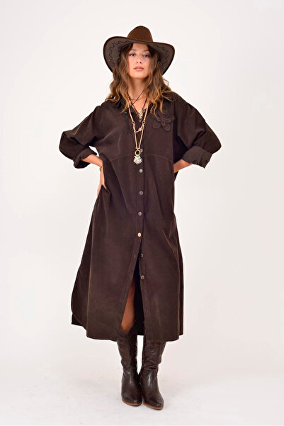 EREN STYLE Ιταλικό βελούδινο φόρεμα με κουμπιά και μακριά μανίκια