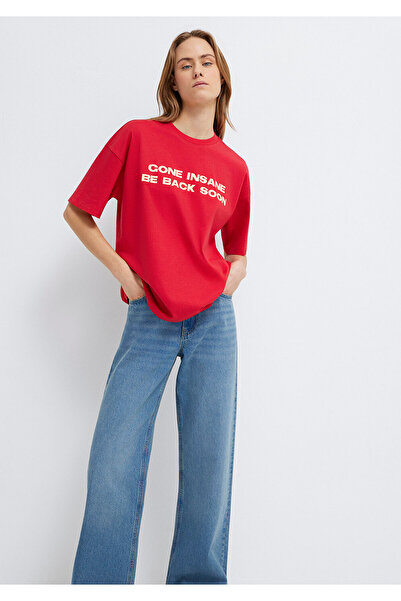 Mavi Slogan Baskılı Kırmızı Tişört Loose Fit / Bol Rahat Kesim 1614000-80791