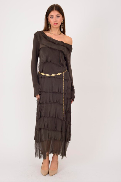 Bohem Stil Italyan 2 beden İnce Gösteren Kat Kat Uzun Kol Taşlanmış İpek Elbise