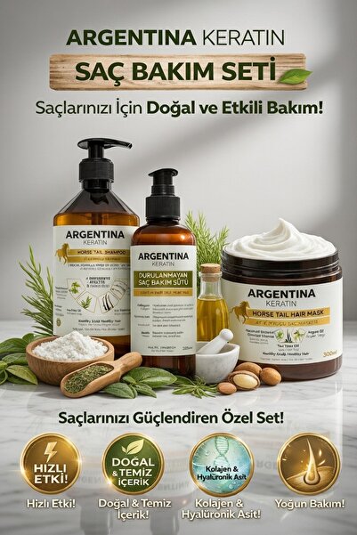 ARGENTİNA KERATİN Kolajen-Hyaluronik asit-Keratin-E vitamini At Kuyruğu Argan...