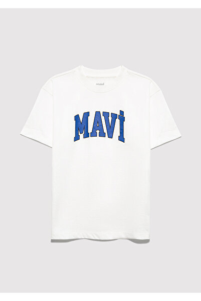 Mavi Logo Printed Ecru T-Shirt Loose Fit / Comfortable Loose Cut 6610418-70057