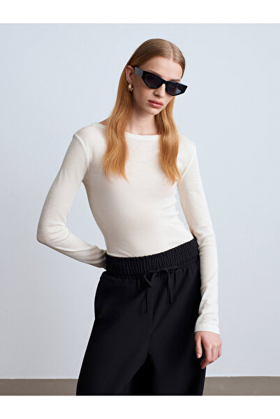 Dilvin 32482 100% Lână Guler tip barcă Top-Ecru