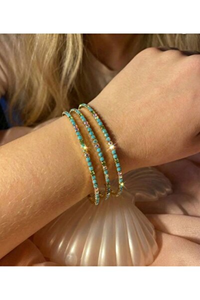 Ashley Collection İnce Turkuaz Renkli Suyolu Parlak Taşlı Bileklik