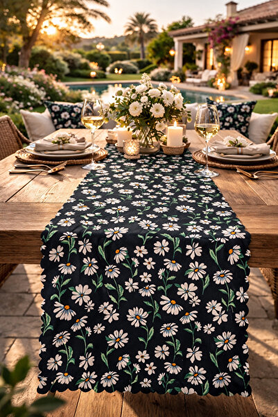 SasoHome Bahar Papatyaları Desenli Kaliteli Kadife Kumaş 45x140 Cm Dekoratif - Hediyelik Runner