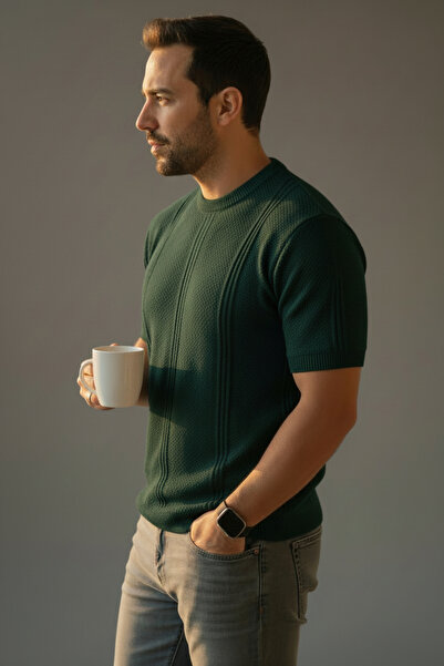 Zimsah Велосипедний комір, трикотажна футболка з прямими смужками, смарагдово...