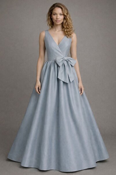 ALYEL NAKER Kuşaklı & Kruvaze Kapamalı Gri Maxi Tafta Şık Davet Elbisesi