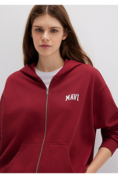 Mavi Logo Baskılı Kapüşonlu Fermuarlı Bordo Sweatshirt 1S10178-85493