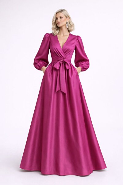 ALYEL NAKER Double-Breasted Maxi Stylish Satin Dress with Closed Neckline & B...