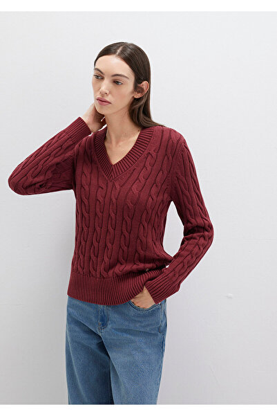 Mavi İpek Karışımlı V Yaka Bordo Kazak Slim Fit / Dar Kesim 1710720-85493