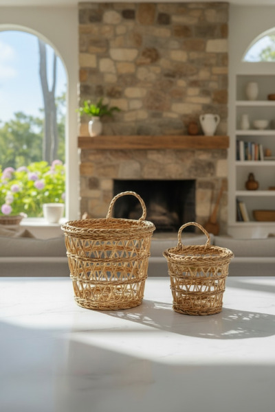 zezedesing مجموعة سلال حائطية منسوجة من الخيزران مكونة من قطعتين - منظم معلق ...