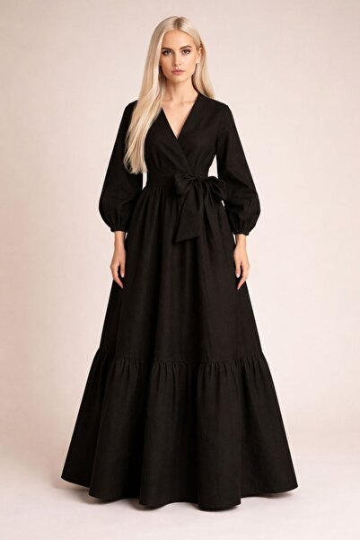 ALYEL NAKER فستان طويل من التفتا بأكمام بالون، بأزرار على الجهتين أزرار وتفاص...