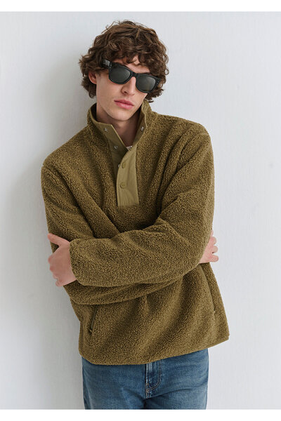 Mavi Dik Yaka Haki Sweatshirt Loose Fit / Bol Rahat Kesim 0110737-70362