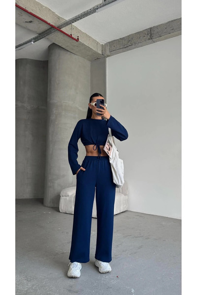 mydukkan.co Lace Detail Double Tracksuit Set Navy Blue - Navy Blue
