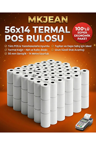MKJEAN Pos 56x14 Pos Kağıdı Rulosu 100 lu Rulo - Tüm Pos Cihazlara Uyumlu
