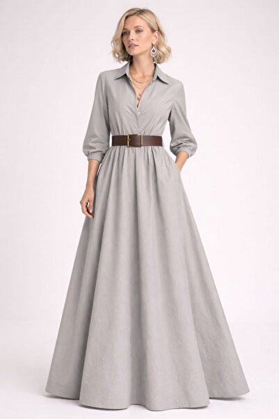 ALYEL NAKER Maxi Boy Tafta Şık Gömlek Elbise