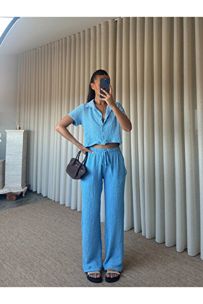 mydukkan.co Short Sleeve Shirt Pants Seersucker Set - Blue