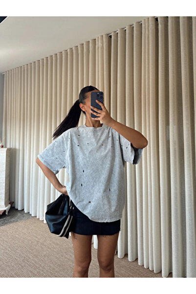 mydukkan.co Delikli Yıkama T-shirt - Gri