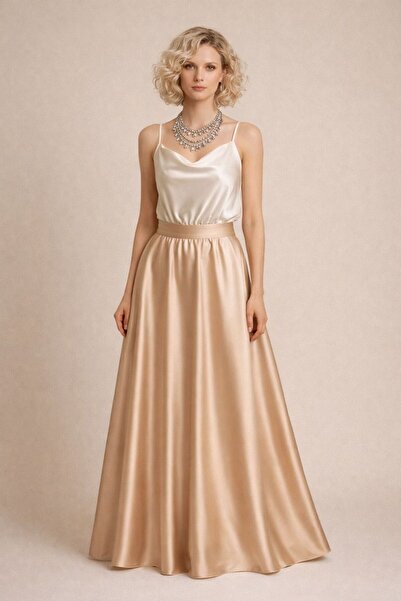 ALYEL NAKER تنورة ماكسي أنيقة من الساتان بخصر عالٍ وفتحتين دائريتين كاملتين