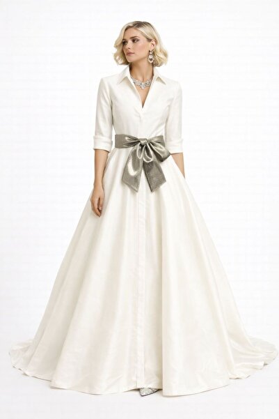 ALYEL NAKER فستان قميص ماكسي من التفتا الأبيض مع حزام فضي وأكمام ثلاثية الطول