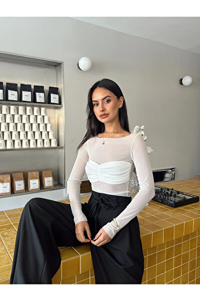 mydukkan.co بلوزة مالينا طويلة الأكمام من التول باللون الأبيض - أبيض