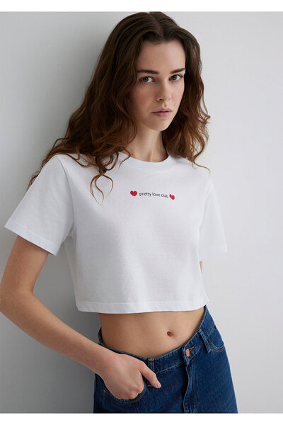 Mavi Printed White Crop T-Shirt Regular Fit 1613208-620