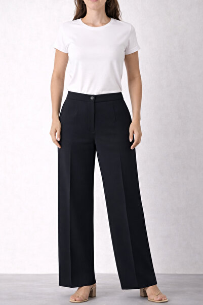 memetti m şekil Women's Black High Waist Wide Leg Pleated Fabric Trousers