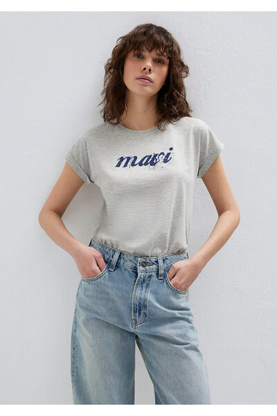 Mavi Logo Baskılı Gri Tişört Loose Fit / Bol Rahat Kesim 166422-25702