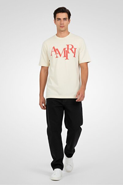 Amiri Men Crew Neck Short Sleeve Brand Logo T-Shirt, Beige