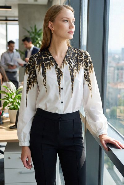 armonika Women's Khaki Patterned Shirt with Elastic Sleeves Arm-25Y001014