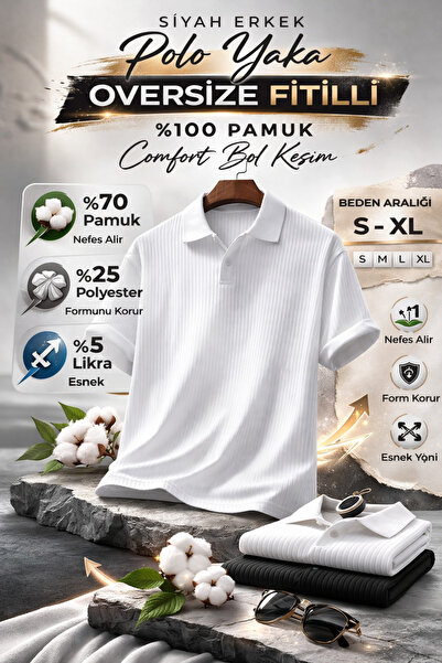 SKYBEAR Beyaz Erkek Polo Yaka Oversize Fitilli %100 Pamuk Comfort Bol Kesim B...