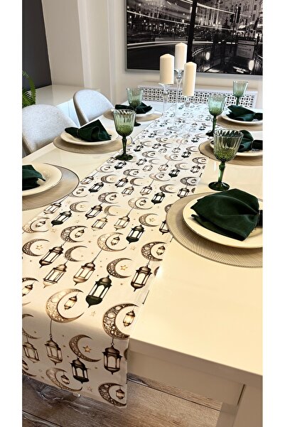 Decamor home فانوس أخضر بيج إكرو بنمط رمضان وسجادة مزينة بنقشة القمر