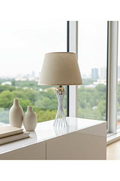 365GUNSERİSONU مصباح طاولة عاكس الضوء من القماش البني ذو الساق المعدنية البيضاء