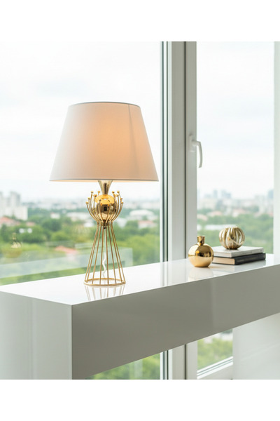 365GUNSERİSONU مصباح طاولة عاكس الضوء ذو الساق المعدنية المطلية بالذهب مع قبع...