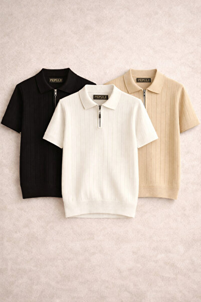 oneoff Πλεκτό ανδρικό μπλουζάκι με φερμουάρ και λαιμόκοψη πόλο, σετ 3 τεμαχίων