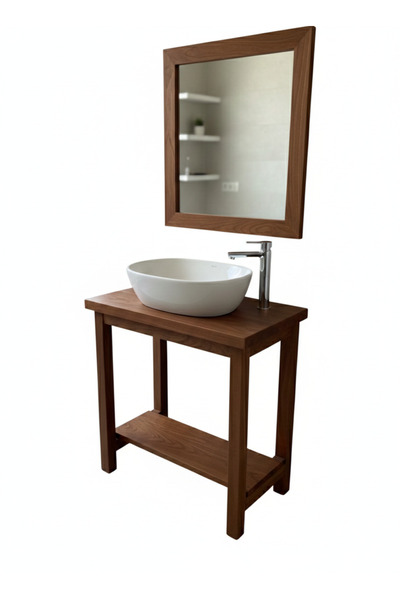 Ahşap Modern Masif Banyo Dolabı Seti - Doğal Görünüm Ceviz Ağacı 70x60x40