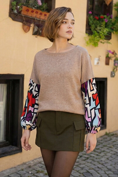 armonika Kadın Bej Kolu Renkli Salaş Bluz ARM-20K001085