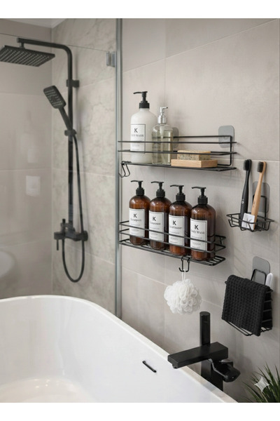 BUSEMSİ HOME Yapışkanlı Siyah Metal Banyo Rafı 4lü Düzenleyici Set Banyo Seti...