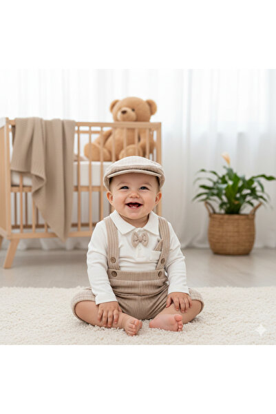 genybaby Erkek Bebek Triko Salopetli Takım - Papyonlu Şık 3'lü Kombin (0-12 Ay)