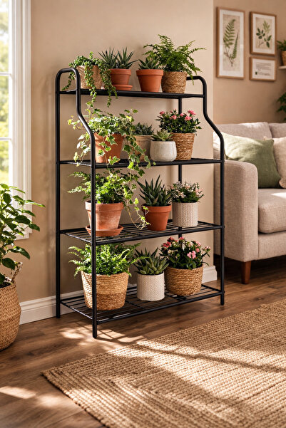 ARVİONHOME Modern Siyah 4 Katlı Metal Çiçeklik Standı: Çok Amaçlı Mutfak,Kita...