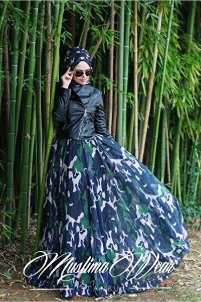 Muslima Wear Camo Kamuflaj Çift Astarlı Fransız Şifon Kumaş Etek